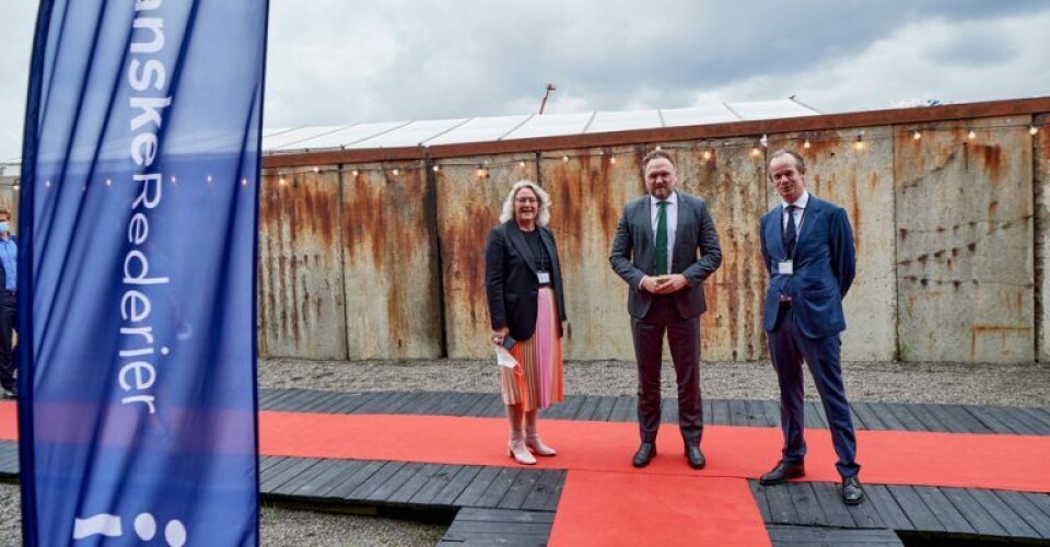 Administrerende direktør i Danske Rederier Anne H. Steffensen, klimaminister Dan Jørgensen, og formand Danske Rederier Jacob Melgaard - Her sammen ved Danske Rederiers årsdag. Arkivfoto: Danske Rederier