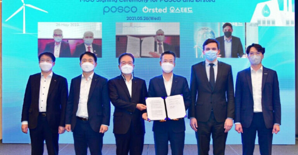 Foto fra den virtuelle ceremoni hvor POSCO og Ørsted underskrev hensigtserklæringen. Foto: Ørsted