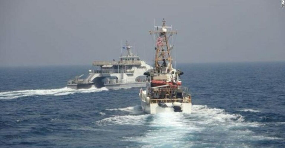 210402-N-NO146-1001 & 1002ARABIAN GULF (April 2, 2021) Iran???s Islamic Revolutionary Guard Corps Navy (IRGCN) Harth 55, left, conducted an unsafe and unprofessional action by crossing the bow of the Coast Guard patrol boat USCGC Monomoy (WPB 1326), right, as the U.S. vessel was conducting a routine maritime security patrol in international waters of the southern Arabian Gulf. The USCGC ships are assigned to Patrol Forces Southwest Asia (PATFORSWA), the largest U.S. Coast Guard unit outside the United States, and operate under U.S. Naval Forces Central Command???s Task Force 55. (U.S. Navy photo)