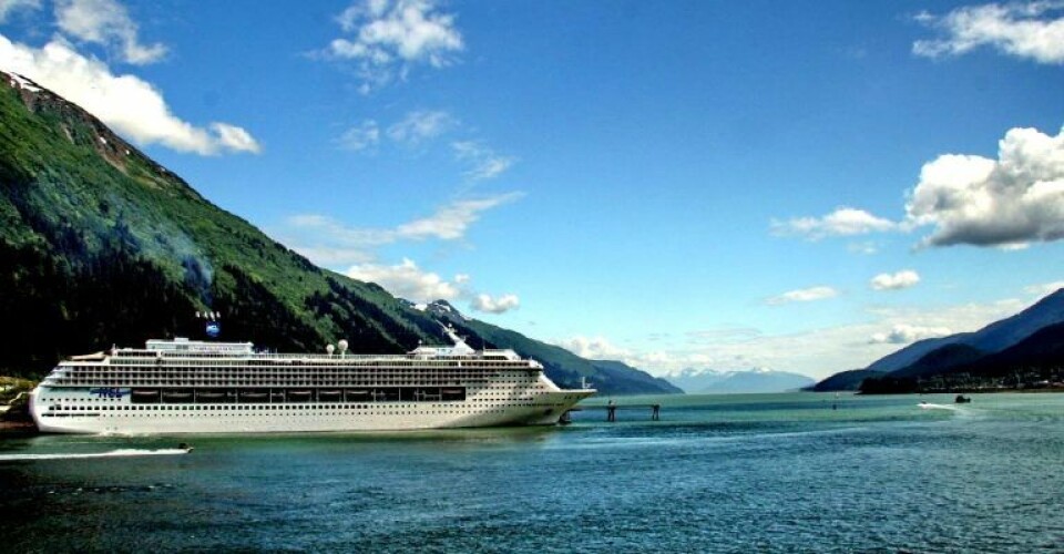 A cruise ship docked in Alaskan waters