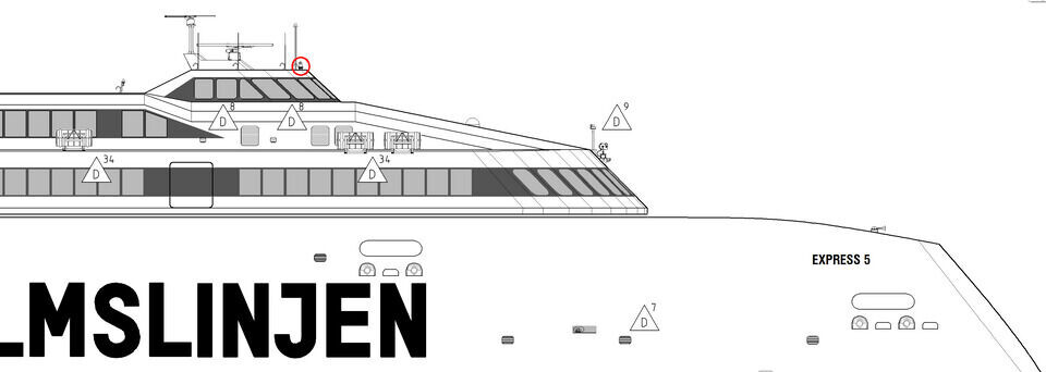 Tegningen her viser, hvor det mørke-gennemtrængende kamera kommer til at sidde på Express 5. Illustration: Molslinjen