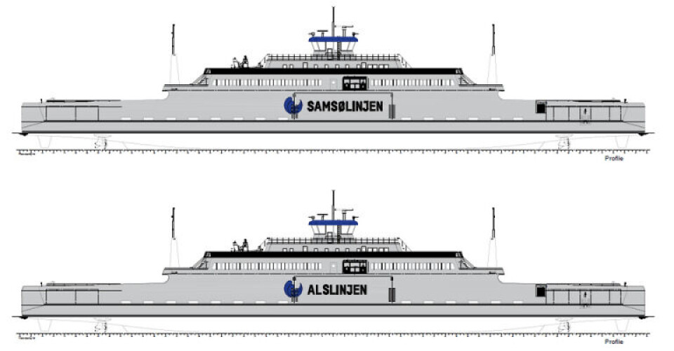 På nær tekniske detaljer bliver færgerne til Alslinjen og Samsølinjen ens. Færgerne kommer til at sætte nye standarder for elfærger i Danmark. Illustration: Molslinjen