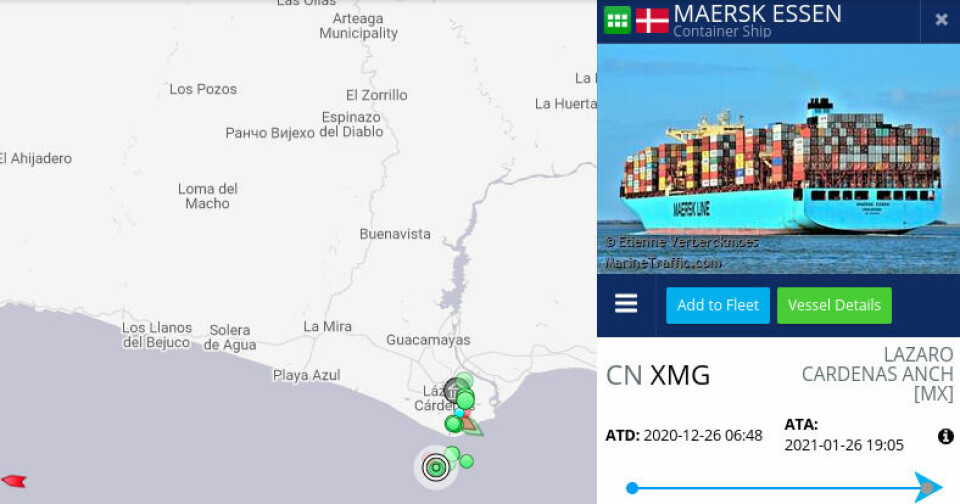 The location of the Maersk Essen at anchor off the coast of Mexico