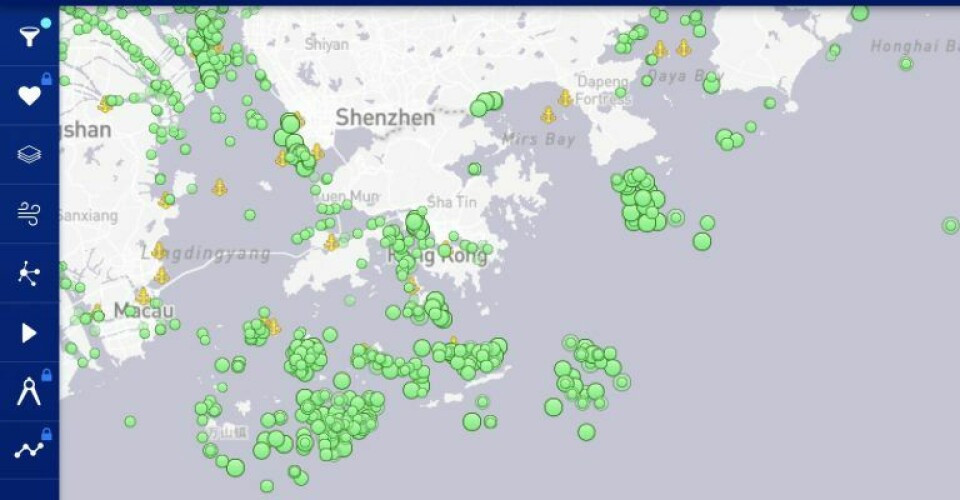 Cargo ships off Shenzhen-Hong Kong in southeast China, as seen using AIS data from MarineTraffic.com