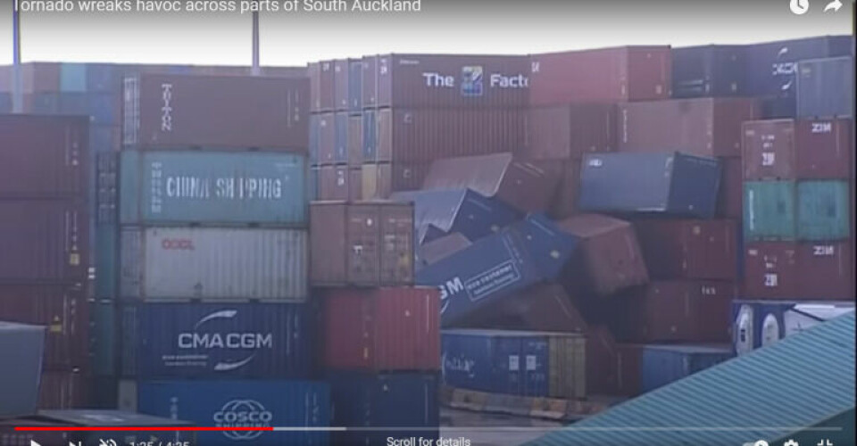 Tornado topples containers in Auckland. Screenshot: Youtube