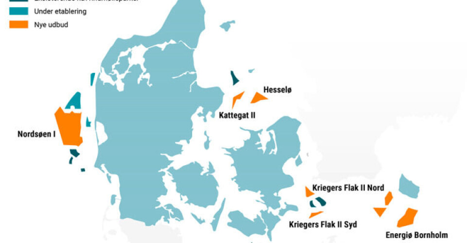 Eksisterende havvindmølleparker og parker i udbud og under etablering. Illustration: Energistyrelsen