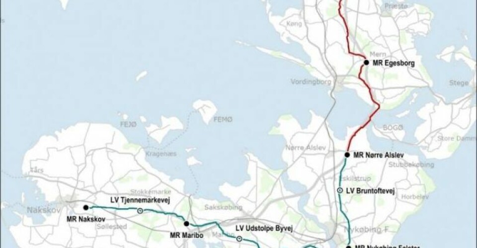 Figur: Linjeføringen af Lolland-Falster gasrørledningen. Kilde: Energinet, Evida