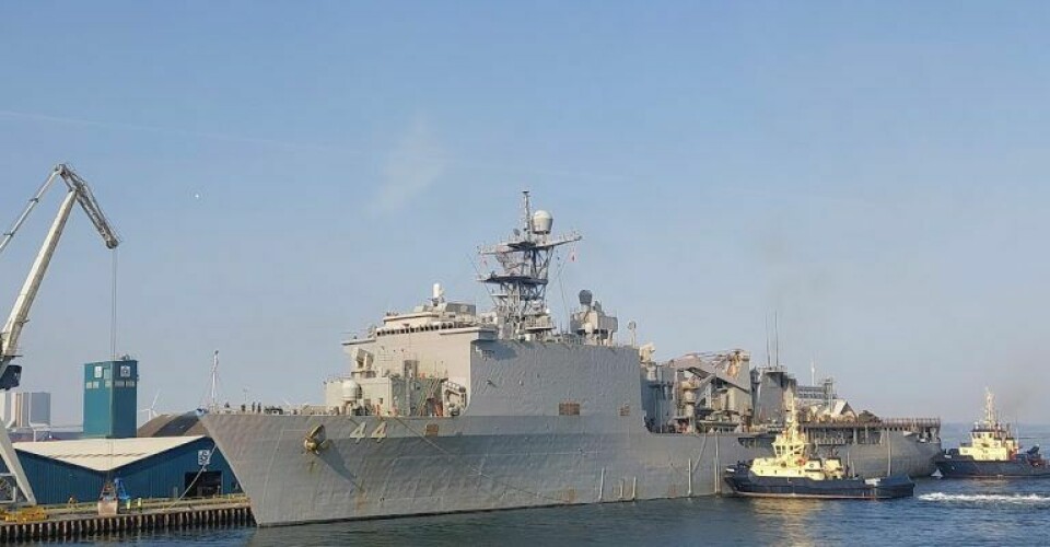 Fotoet viser ikke et af de fire fartøjer, men derimod det amerikanske USS Gunston Hall, da det var på besøg i Kalundborg i juli måned. Foto: Kalundborg Havn