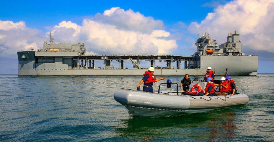 Expeditionary sea base USS Hershel ‘Woody’ Williams (ESB-4), in the Chesapeake Bay, conducting mine countermeasures equipment testing. US Navy photo.