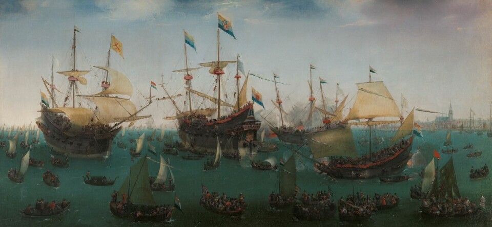Der findes ingen billeder af den første danske ekspedition til Asien, men den har nok lignet denne tilsvarende nederlandske flåde fra 1599.