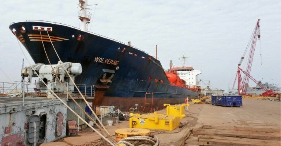 The MT Wolverine safely moored at International Shipbreaking’s yard at the Port of Brownsville.