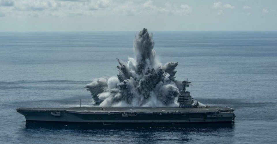 The aircraft carrier USS Gerald R. Ford (CVN 78) successfully completes the third and final scheduled explosive event of Full Ship Shock Trials while underway in the Atlantic Ocean, Aug. 8, 2021. U.S. Navy Photo