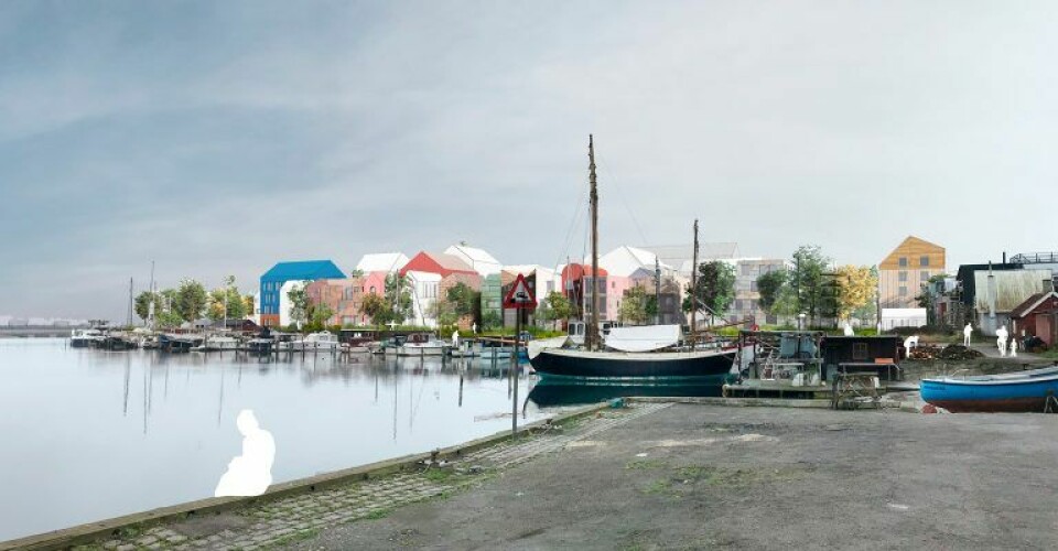 Visualisering, der viser et eksempel på muligt udtryk af almene medbyg-rækkehuse set fra Fiskerhavnen. Endelige tegninger af husene er ikke udarbejdet. Foto fra lokalplan, By og Havn.