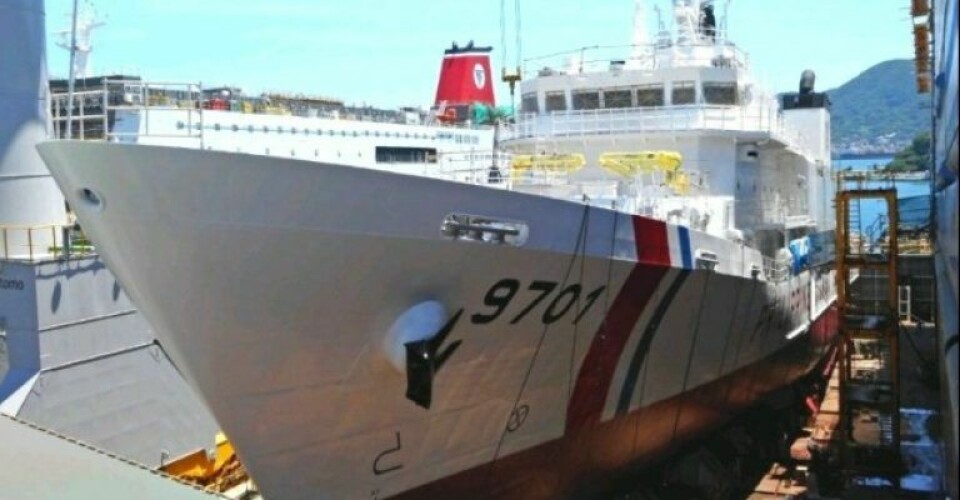 The Philippines' newest coast guard patrol vessel ready for launch at Shimonoseki (PCG)
