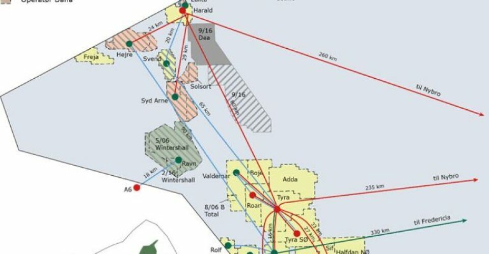 Oversigtskort over placeringen af Solsort feltet og andre olie- og gasanlæg i den danske sektor af Nordsøen, herunder Syd Arne. Illustration: Energistyrelsen