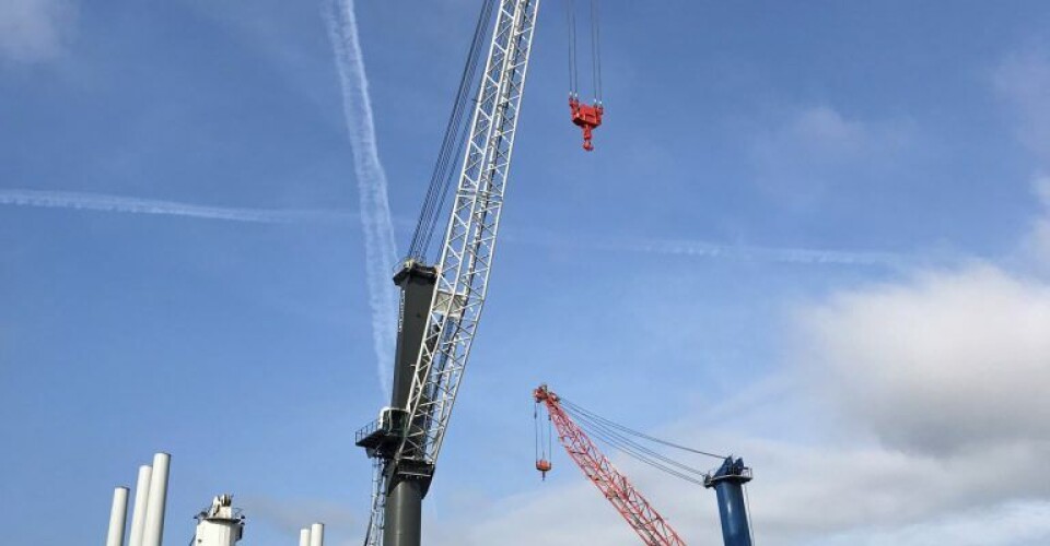 En LHM-800 kran kan laste 2.300 tons/t og har et maks løft på 308 tons svarende til 67 elefanter. Foto: Esbjerg Havn