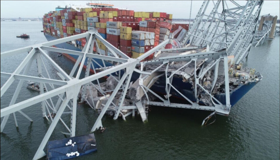 Containerskibet Dali efter påsejlingen af Francis Scott Key Bridge den 28. marts 2024.