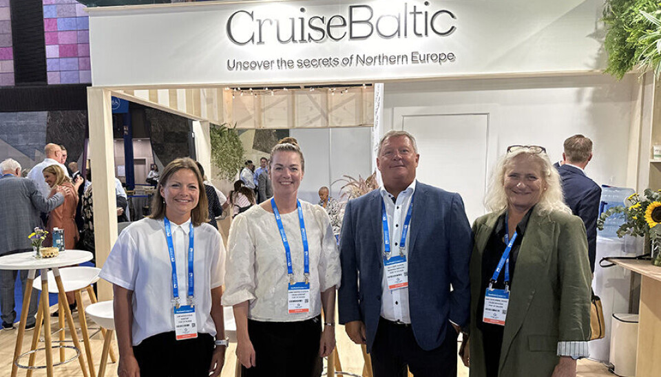 Skagen Havns krydstogtteam under deltagelsen ved Seatrade Cruise Med. Fra venstre: Line Hardis Olesen, Karen Christine Steenberg, Willy B. Hansen og Anne Sofie Rønne Jensen.