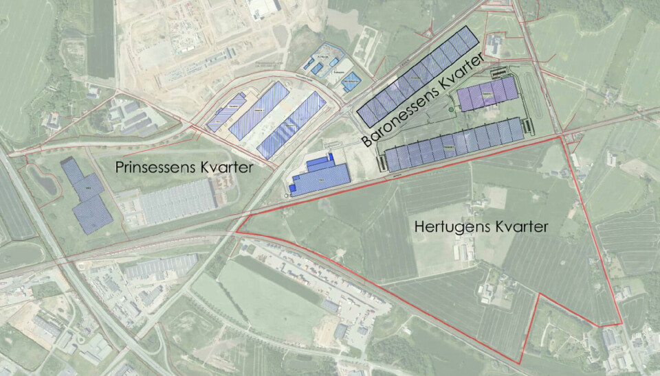 Taulov Dry Port har opført de markerede bygninger på Prinsessens Kvarter og Baronessens Kvarter på illustrationen. Hertugens Kvarter er næste udviklingsfase i Taulov Dry Port.